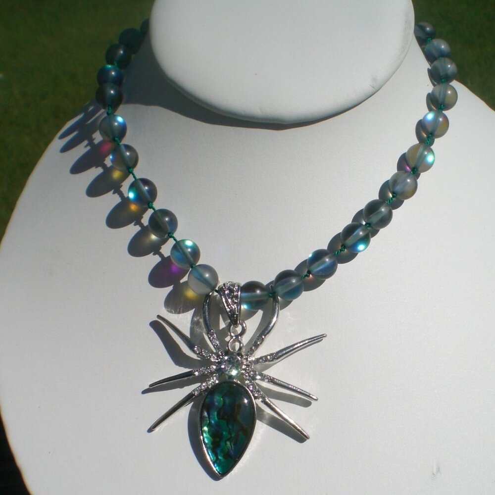 Blue Agate Moonstone Beaded Necklace with Firefly Pendant; Hand Beaded, Gemstone